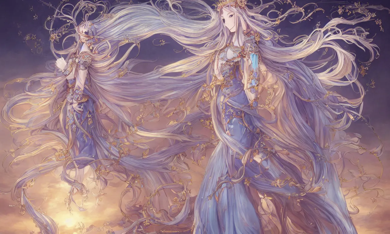 Prompt: breathtaking detailed anime painting of a knight queen with long flowing blue hair, pastel flowers petals and golden ribbons flying, art by pilyeon and yuumei art, symmetrical facial features, at dawn in front of a pristine golden art nouveau cathedral, elegant, volumetric lighting, highly detailed, artstation, concept art, matte, sharp focus,