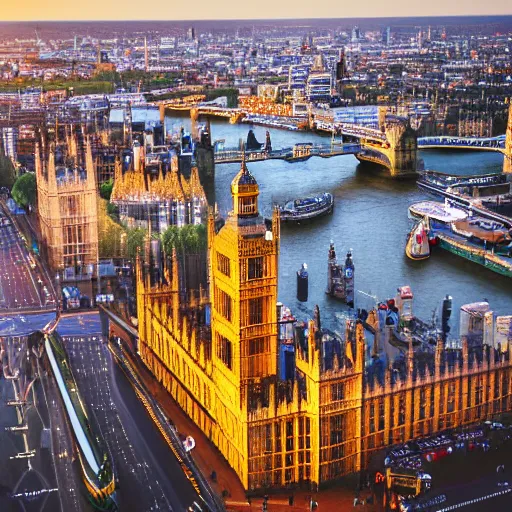 Prompt: london city, landscape, cityscape, high art, detailed, artstation award, intricate detail, panoramic, wide angle, sunset, color palette, big ben clock tower, british parliament building, from above