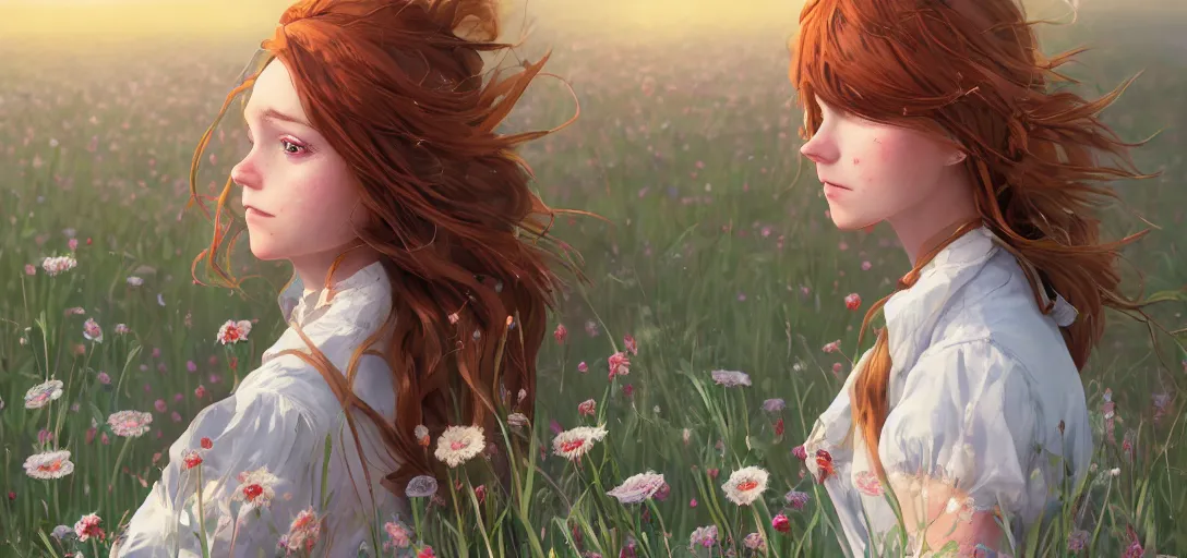 Image similar to a beautiful southern woman named Savannah, innocent, sad turquoise eyes, freckles, long ginger hair tied with white ribbon, relaxed in a field of flowers on a farm, gentle lighting, storm in the distance, somber, western clothing, dress, digital art by Makoto Shinkai ilya kuvshinov and Wojtek Fus, digital art, concept art,