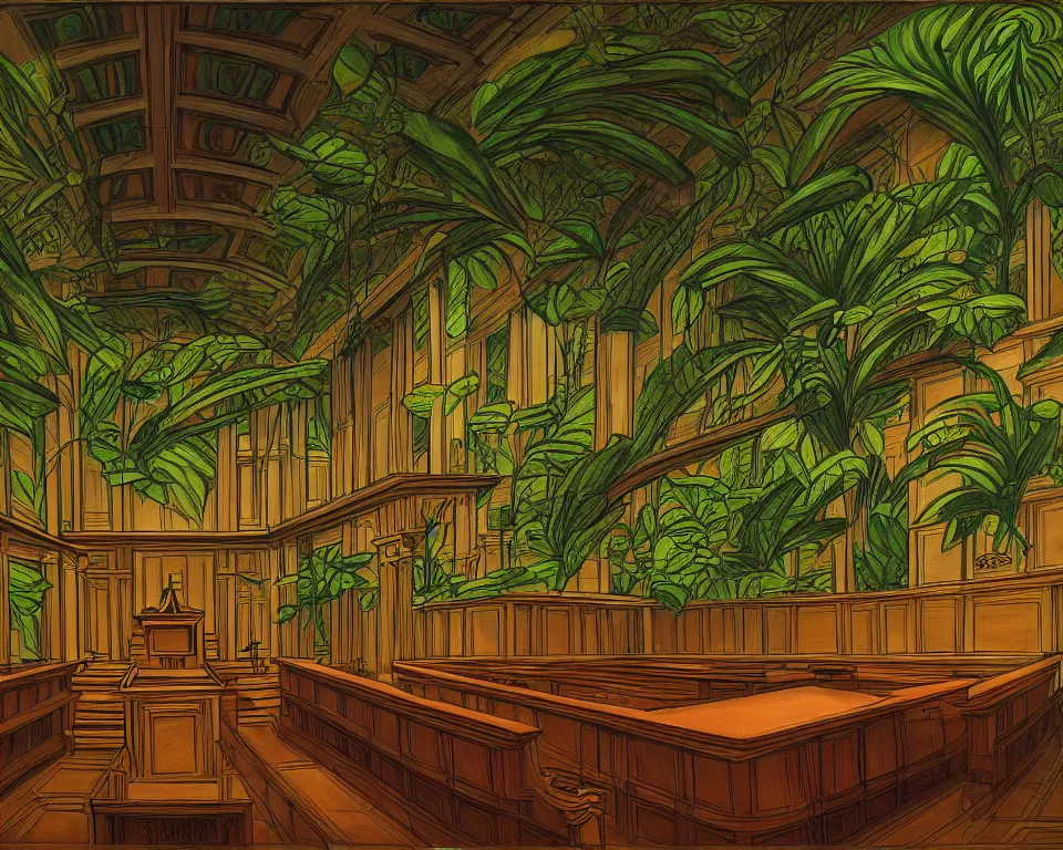 Prompt: the supreme court courtroom in the rainforest by raphael and hopper. hyperdetailed, proportional, romantic, enchanting, achingly beautiful, graphic print, trending on artstation, jungle, tropical, foliage