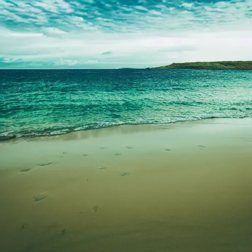 Prompt: photography of a beach, green sand, green ocean, green sky