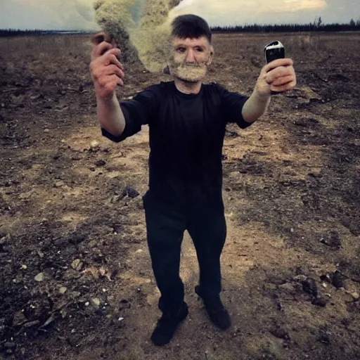 Image similar to last selfie of last alive funny scared ukrainian very damaged body to bones, bleeding crawling from nuclear explosion, big nuclear explosion at background, end of the life close