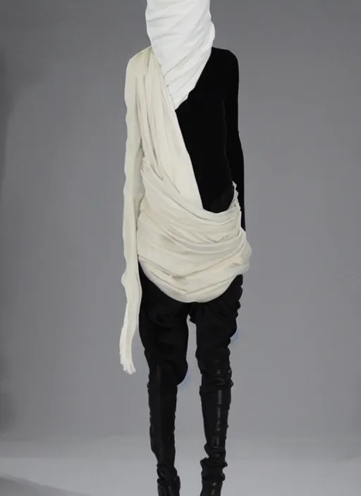 Prompt: ASYMMETRICAL ivory silk balaclava dip-dyed gradient-black, straitjacket straps and industrial hardware, designed by ann demeulemeester and nancy grossman, 8k, hyperrealistic, desaturated