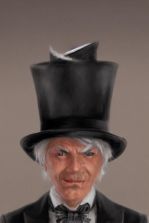 Image similar to A fancy close up of a white haired old winkled halfling wearing a suit and top hat by Greg Rutkowski, Sung Choi, Mitchell Mohrhauser, Maciej Kuciara, Johnson Ting, Maxim Verehin, Peter Konig, 8k photorealistic, cinematic lighting, HD, high details, dramatic, trending on artstation