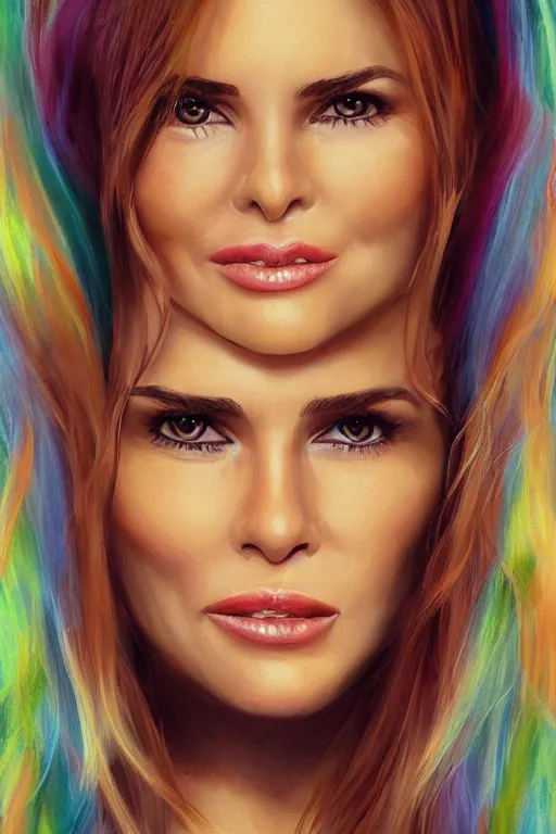 Image similar to portrait of a blend of young maria shriver, mariel hemmingway, melania trump and elle macpherson as an angel, thin lips, hair tied up in a pony tail, rainbow colors, vine, artstation, cgsociety
