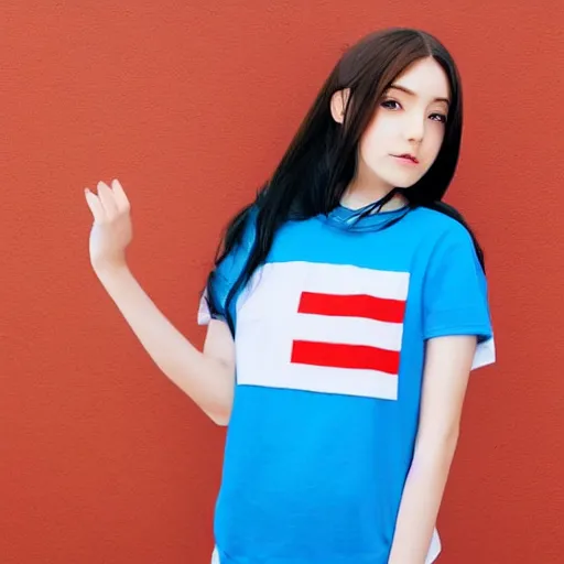 Image similar to An anime girl in a blue red and white colored shirt with text that says Slovenia.