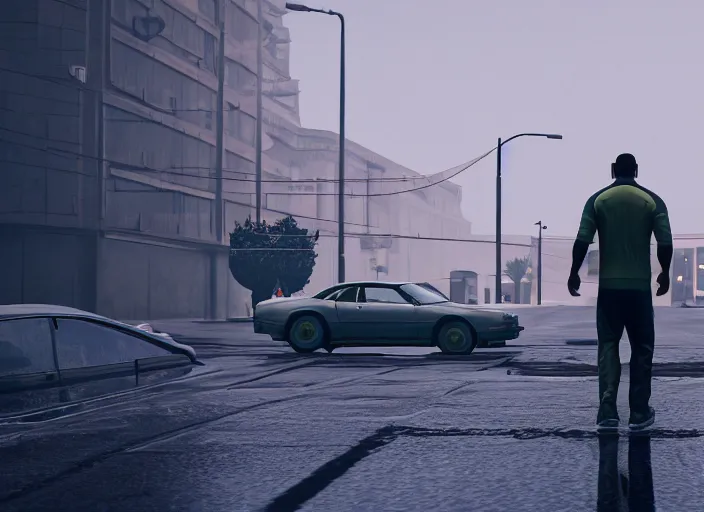 Prompt: cinematic screenshot gta 5, rain, man in adidas tracksuit, churches, buildings, road, moskvich, rtx, volumetric light, 3 d artist, reflections, moscow, soviet apartment buildings, award winning, artstation, intricate details, realistic, hyperdetailed, 8 k resolution