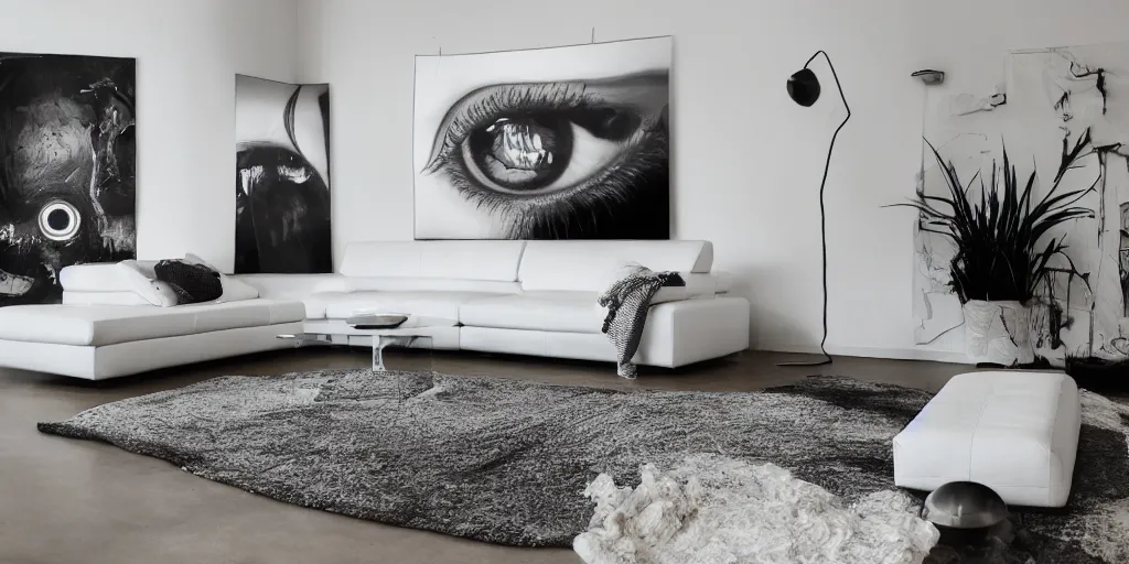 Prompt: photograph of a white leather couch with a huge photograph of a human eye on the wall behind it, ultra wide angle lens, hyperreal, super sharp photography