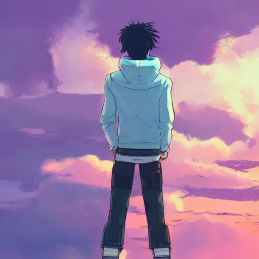 Prompt: android mechanical cyborg anime guy overlooking overcrowded urban dystopia sitting. Pastel pink clouds baby blue sky. Gigantic future city. Raining. Makoto Shinkai. Wide angle. Distant shot. Purple sunset. Sunset ocean reflection. Pink hair. Pink and white hoodie. Cyberpunk. featured on artstation. robotic wired knee. Wearing a sweater.-S 1216826879