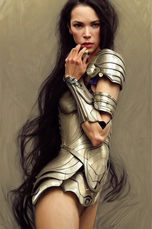 Prompt: > professional portrait of classy elegant rich female biomechanic famous actress in pose , armor elements , long dark hair, beautiful bone structure, symmetrical facial features, intricate, elegant, digital painting, concept art, smooth, sharp focus, illustration, by Ruan Jia and Mandy Jurgens , and mucha, and Artgerm and William-Adolphe Bouguerea