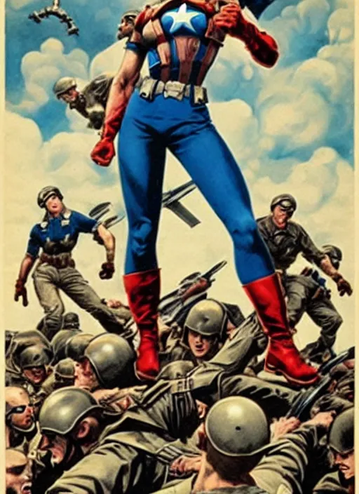 Prompt: beautiful female captain america standing on a pile of defeated, beaten and broken nazi soldiers. feminist captain america wins wwii. american wwii propaganda poster by james gurney. gorgeous face. overwatch