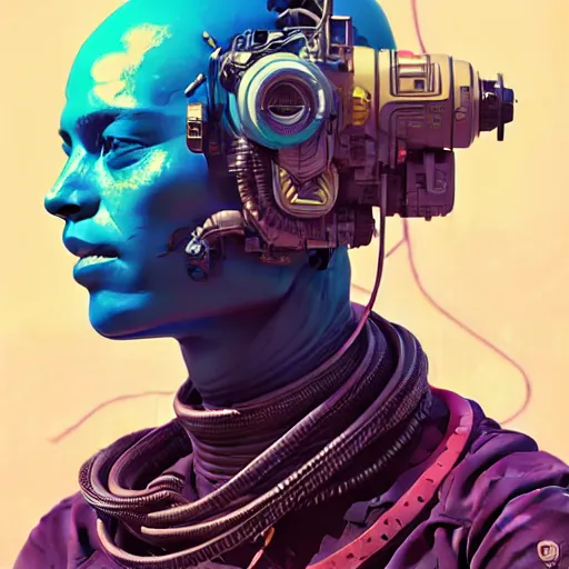 Image similar to high quality high detail portrait of a diesel punk in an alien world,, tristan eaton, victo ngai, artgerm, rhads, ross draws, hyperrealism, intricate detailed, alphonse mucha, 8 k, sci - fi, pastel colors, artstation,