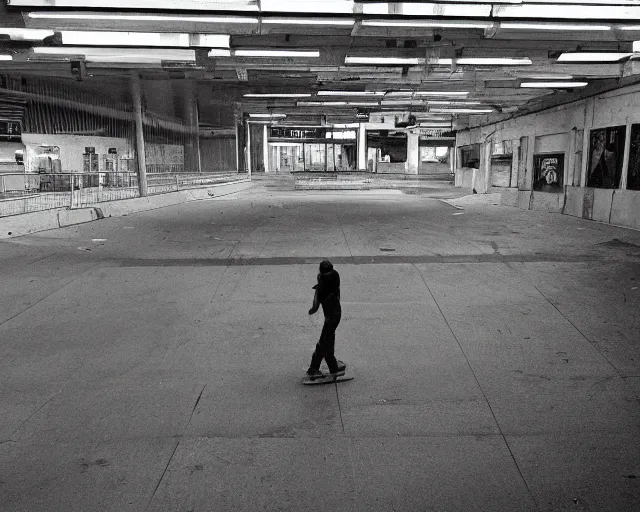 Image similar to camera footage of a Darpa Robot hunting skateboarders in an abandoned shopping mall, high exposure, dark, monochrome, camera, grainy, CCTV, security camera footage, timestamp, zoomed in, fish-eye lense, Robot, Skateboarding, Drone, Intense, Darpa,