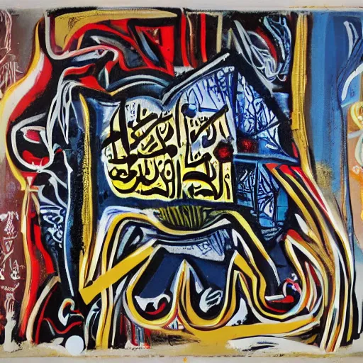 Image similar to arabic calligraphy with elements of transylvanian folk art, in the style of graffiti, made by jean michel basquiat