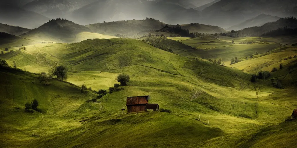 Prompt: rural romanian hills by andreas franke