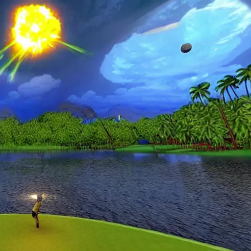 Prompt: Nuclear explosion popping a golf ball, Raft gameplay