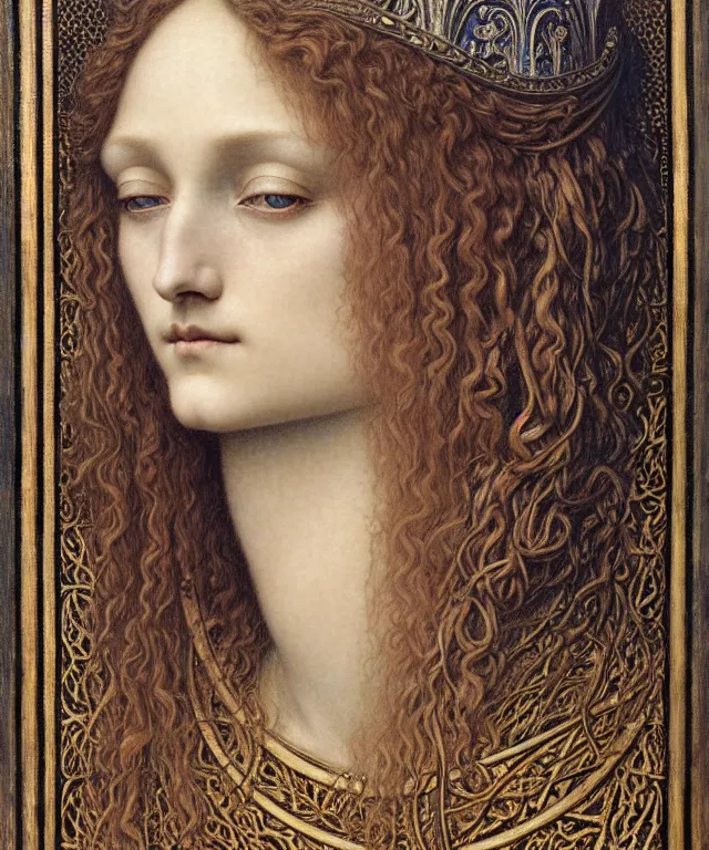 Image similar to detailed realistic beautiful young medieval queen face portrait by jean delville, gustave dore and marco mazzoni, art nouveau, symbolist, visionary, gothic, pre - raphaelite. horizontal symmetry