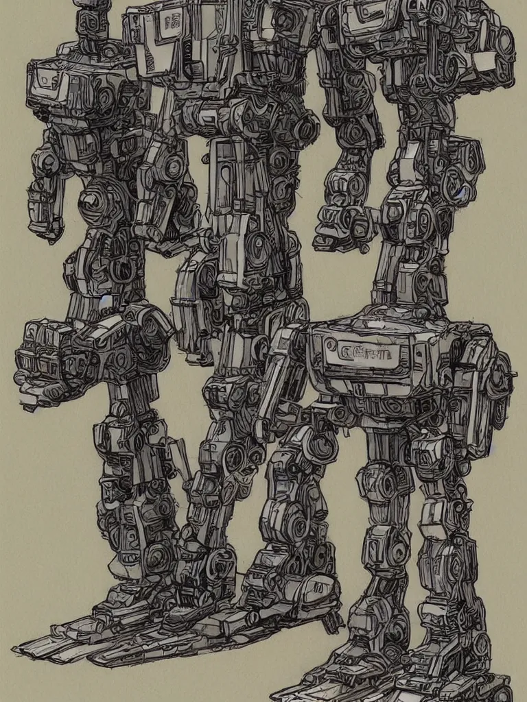 Image similar to bipedal mech inspired by a coffee maker, by jean giraud