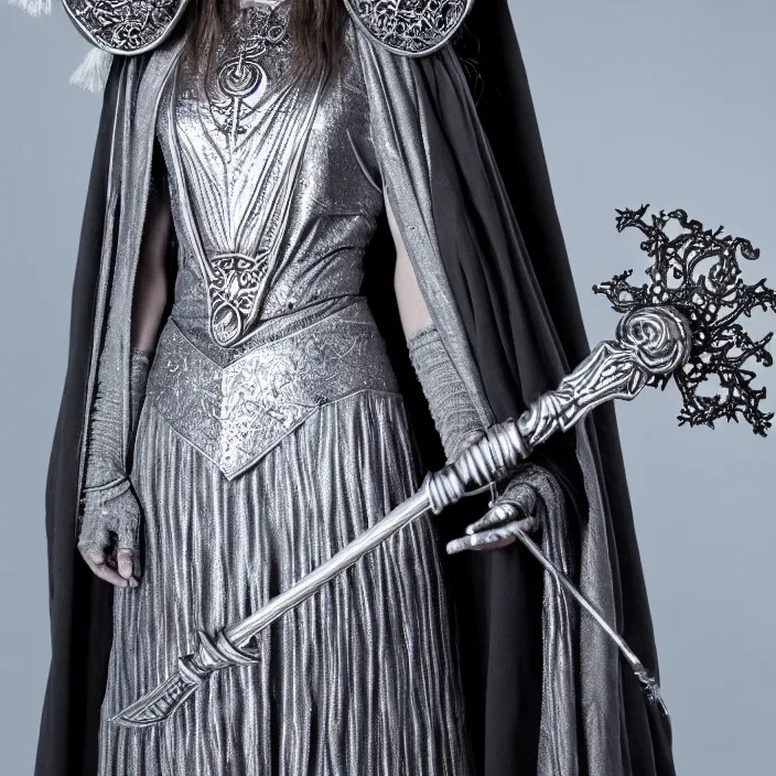 Prompt: photograph of a real-life beautiful lunar witch with intricate silver robes and staff. Extremely detailed. 8k