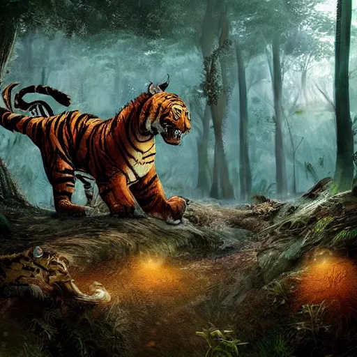 Image similar to a dragon and a tiger hybrid in the forest, dynamic lighting, photorealistic concept art, stunning visuals, creative, cinematic, ultra detailed, best detail