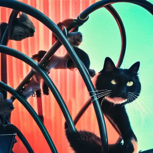 Prompt: black cat on a rollercoaster. focus on cats face. sunlight. polaroid photo. bright colors.