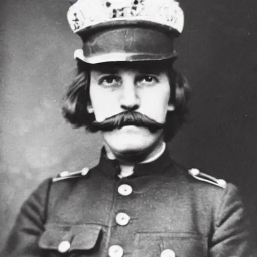 Image similar to an old photo of a soldier with long blonde hair and long blonde moustache