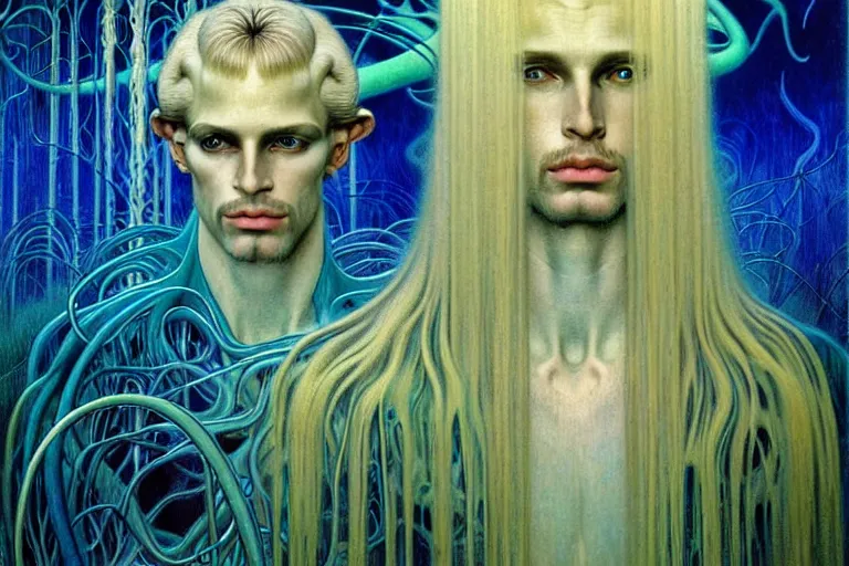 Image similar to realistic detailed portrait painting of a beautiful ghost man with blond hair with an alien, futuristic sci-fi forest on background by Jean Delville, Amano, Yves Tanguy, Alphonse Mucha, Ernst Haeckel, Edward Robert Hughes, Roger Dean, rich moody colours, blue eyes