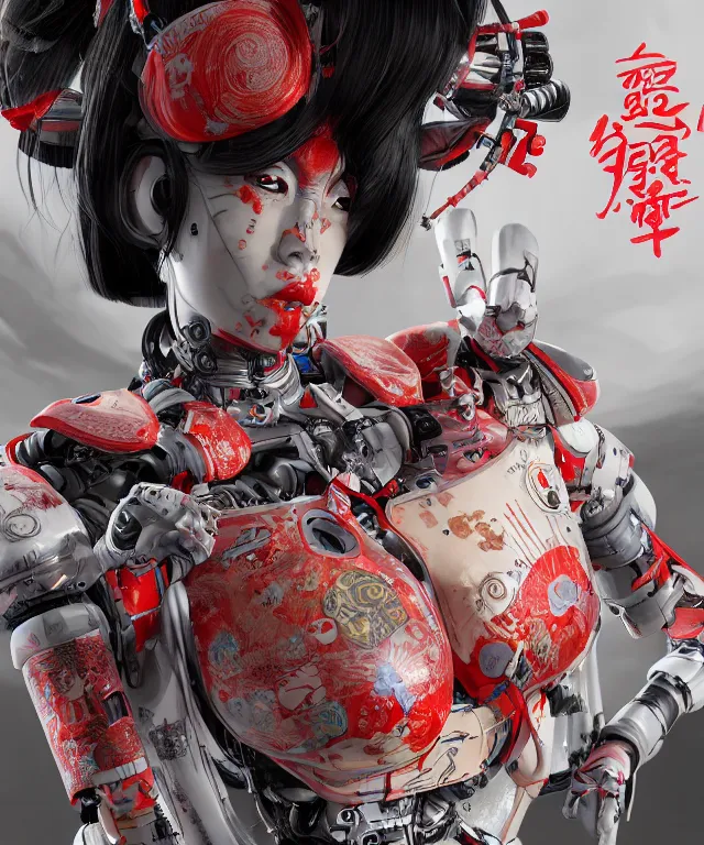 Image similar to an epic fantastic realism comic book style portrait painting of a japanese robotic geisha with kanji tattoos and decals, apex legends, octane render, intricate detail, 4 k hd, unreal engine 5, ex machina, irobot