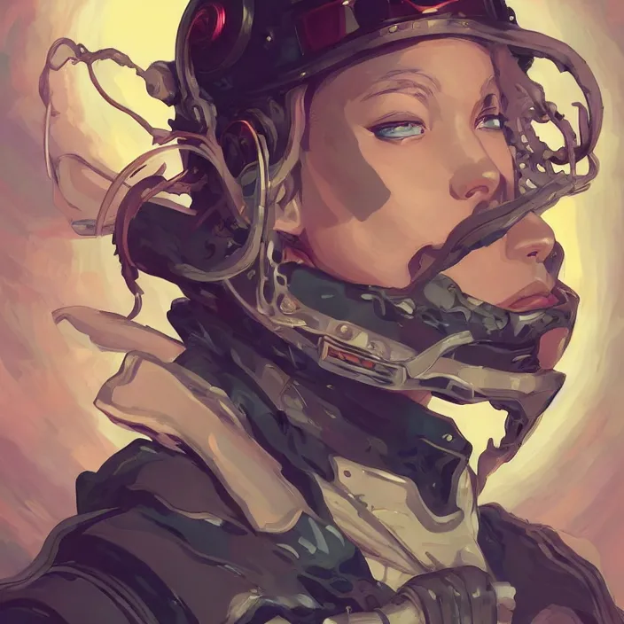 Image similar to anime portrait space pirate captain, futuristic science fiction, mucha, hard shadows and strong rim light, art by jc leyendecker and atey ghailan and sachin teng