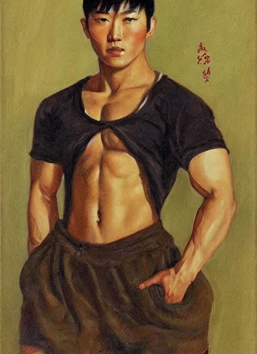 Image similar to a portrait of a muscular korean man with beautiful brown eyes and short black hair, art by manuel sanjulian