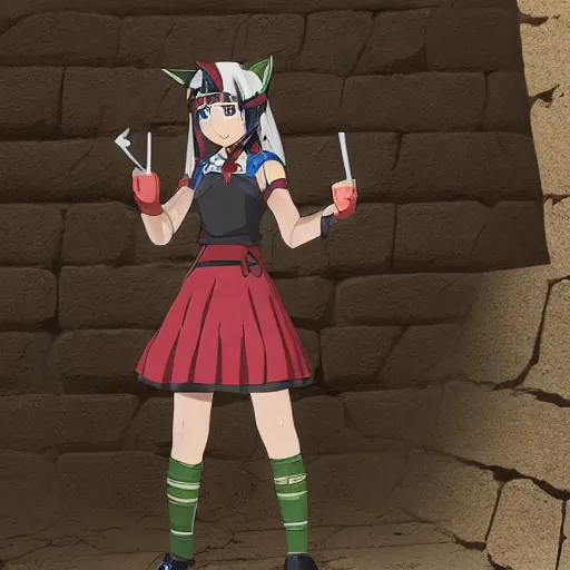 Image similar to anime archaeologist catgirl wearing a maid outfit exploring the eqyptian tombs inside the pyramids