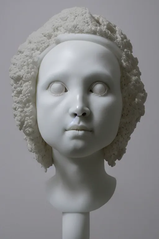 Image similar to full head and shoulders, beautiful female porcelain sculpture by daniel arsham and raoul marks, smooth, all white features on a white background, delicate facial features, twenty black eyes, white lashes, detailed white 3 d giant poppies on the head