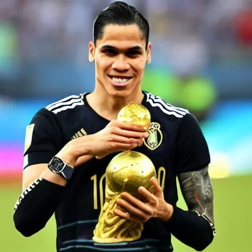 Prompt: james rodrigez holding the world cup