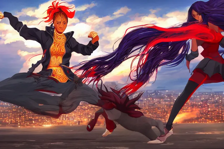 Prompt: beyonce dressed as a ninja riding a red horse is attacking an powerful goddess on a harlem rooftop, highly detailed, 4k resolution, lighting, anime scenery by Makoto shinkai