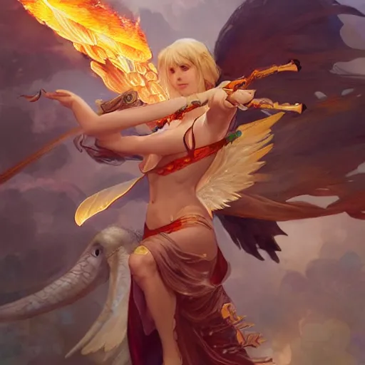 Image similar to An angel with a flaming sword fighting a pterodactyl, detailed, digital painting, artstation, pixiv, Krenz Cushart, WLOP, Artgerm, Alphonse Mucha