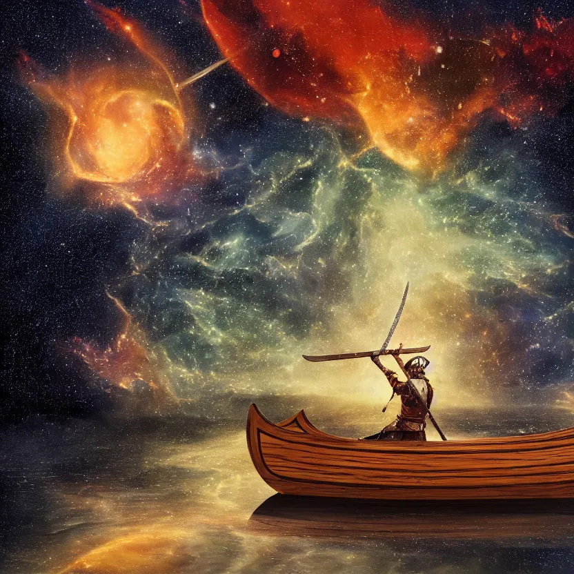 Image similar to a medieval viking longboat rowing through an ocean that is a nebula, several supernovae in the background, stellar explosions spewing streams of gas into space