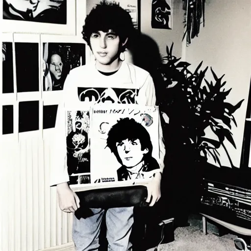 Prompt: young bob dylan holding an anime dakimakura, music cover art.