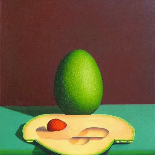 Image similar to surrealistic avocado on toast by renee magritte, oil on canvas