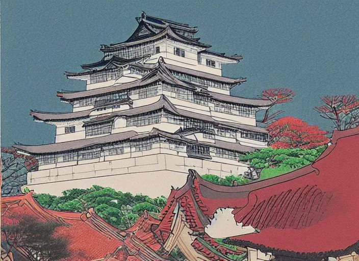 Image similar to japanese fortress in a city inside the forest by studio ghibli painting