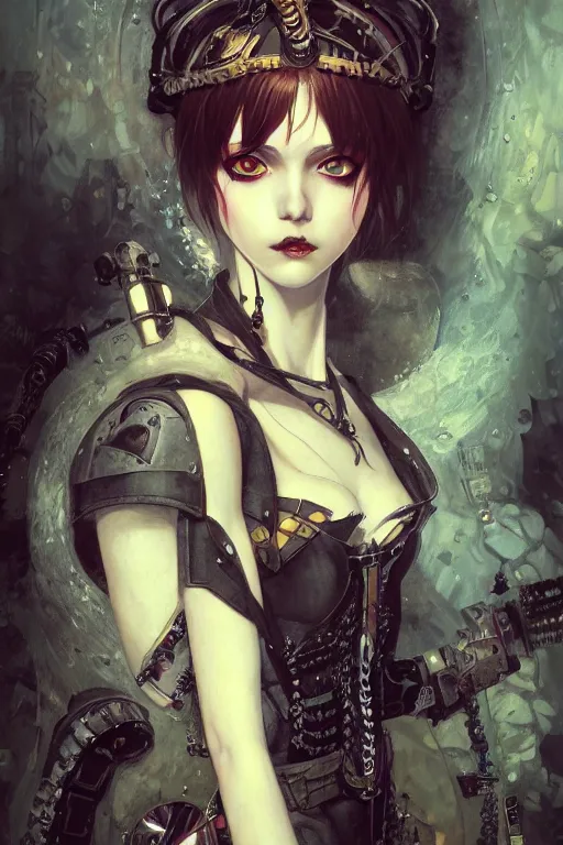 Image similar to portrait of beautiful young gothic maiden, cyberpunk, Warhammer, highly detailed, artstation, illustration, art by Gustav Klimt and Range Murata and Ilya Kuvshinov