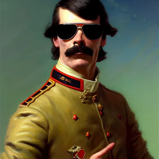 Prompt: drdisrespect posing as napoleon, wearing reflective sunglasses, full body, breath taking, artstation, highly detailed painting by gaston bussiere, j. c. leyendecker, greg rutkowski, craig mullins 8 k