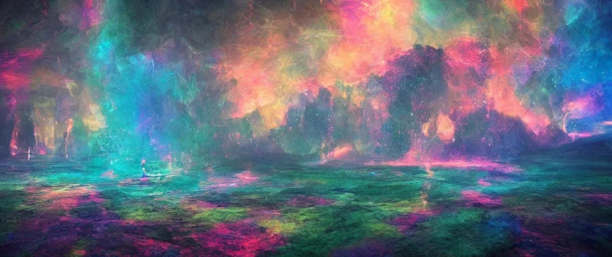 Image similar to dream landscape, simulation, glitch, volumetric object, physical particles, translucence, cinematic lighting, iridescence, by ash thorpe