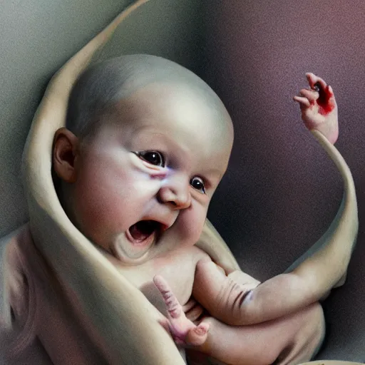 Prompt: a weird baby who is completely evil and deranged and unhinged, 8 k photorealistic award winning art, surreal, postmodern