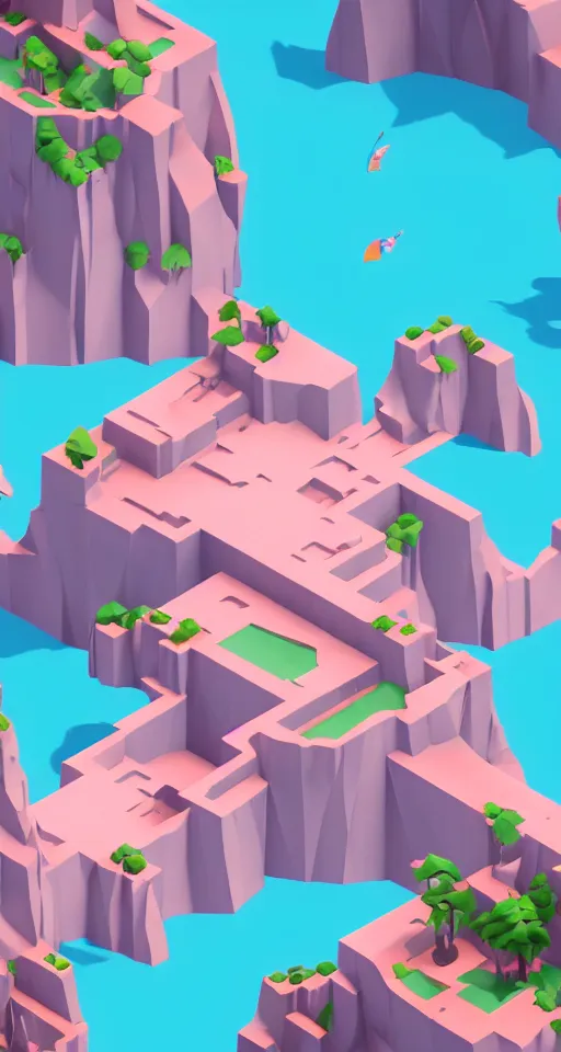 Image similar to matte 3d low poly cherry blossom island, pink waterfalls, isometric perspective on sky background, soft shadows, lat lighting, trending on artstation, 3d render, monument valley, fez video game,