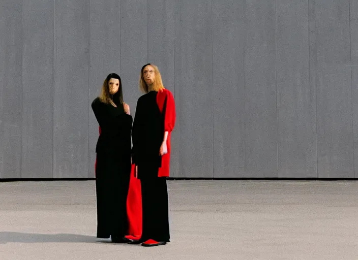 Image similar to cinestill 5 0 d closeup photographic portrait of two clones in front of a brutalist metal building, techwear women, on a desolate plain, red sky, black oversized clothes, depth of field, 4 k, 8 k, hd, full color