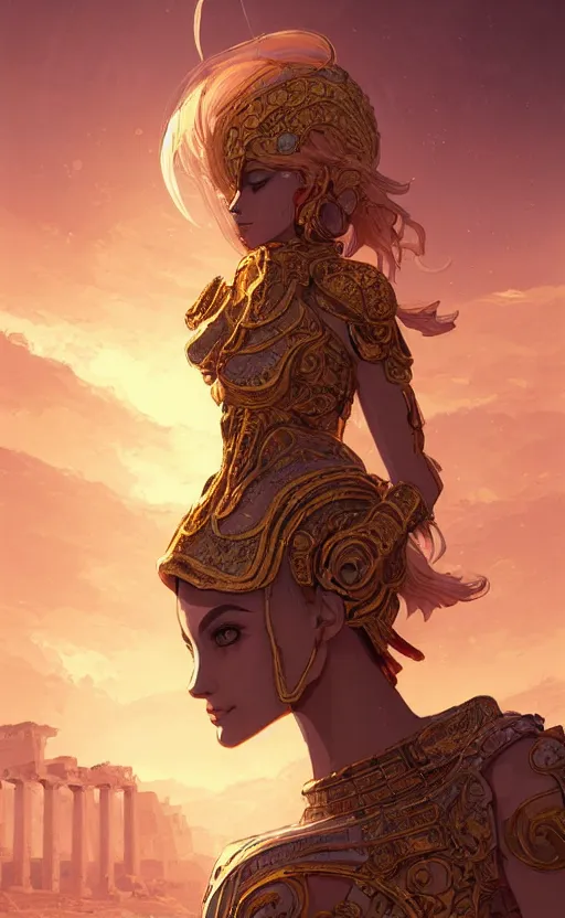 Prompt: portrait knights of zodiac girl, golden and copper shining armor, in ruined agora of athens sunrise, ssci - fi and fantasy, intricate and very very beautiful and elegant, highly detailed, digital painting, artstation, concept art, smooth and sharp focus, illustration, art by ilya kuvshinov and tian zi and wlop and z - - ed