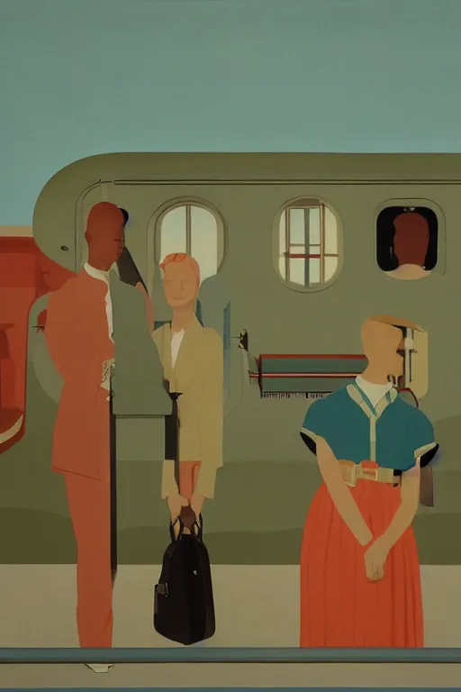 Image similar to scene from wes anderson train by helen lundeberg