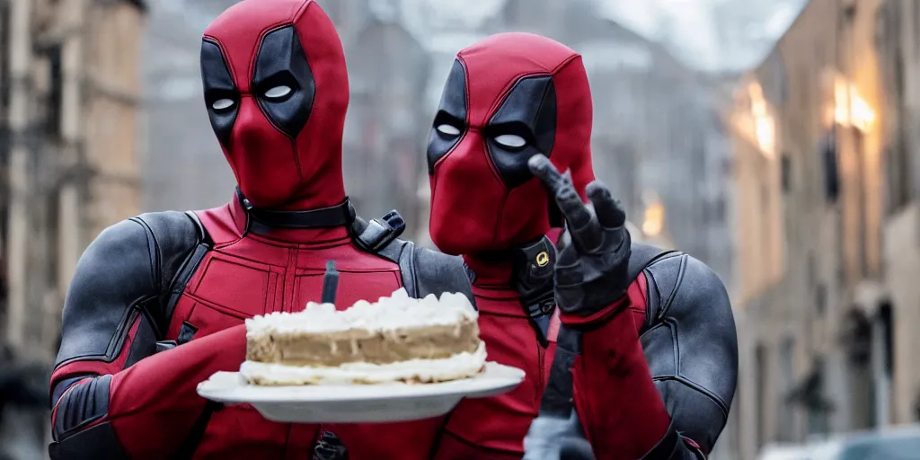 Prompt: still film, deadpool holding a birthday cake in bergen norway, candles in his head, high resolution