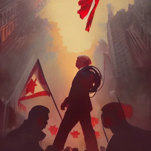 Image similar to donald trump standing under a communist flag, digital art, heroic, illustrated by alphonse mucha, wlop, greg rutkowski, 4 k, extremely detailed, cinematic lighting, trending on artstation,