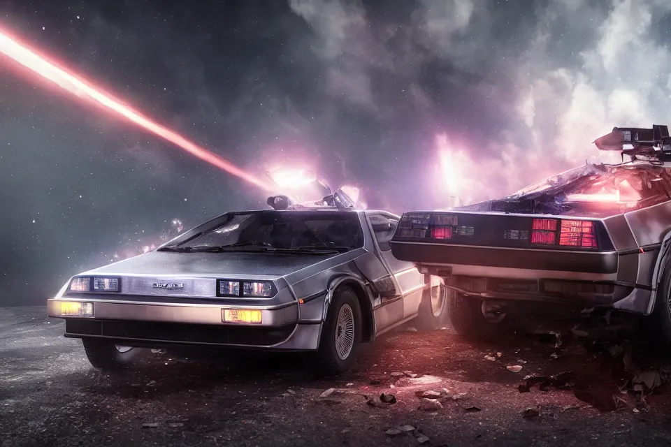 Image similar to ultra realistic delorean dmc 5 drifting on road wreckage orbiting earth in space, dark cinematic, volumetric, realistic, 3 d render, realistic render, cinematic lighting, volumetric lighting, atmospheric, cinematic, unreal engine 5, unreal engine render, octane render, hd, photorealism, hyper realistic, 8 k